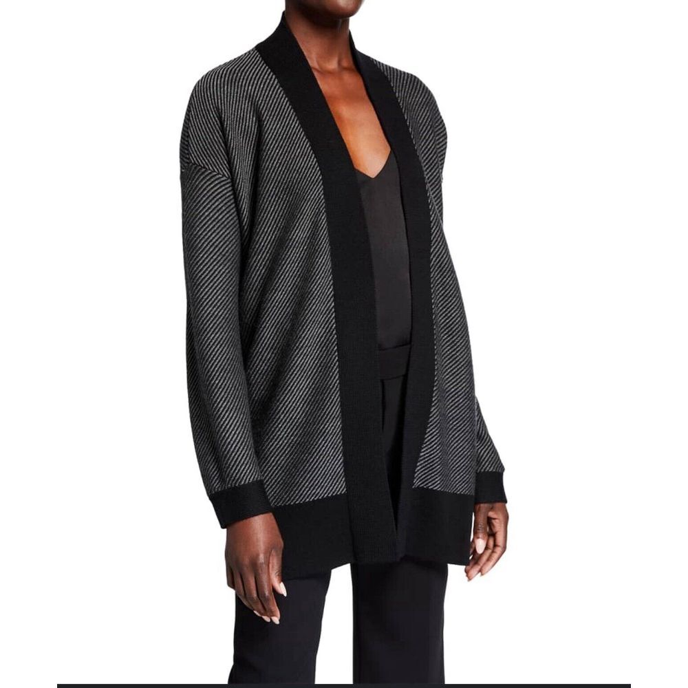 Eileen Fisher Merino Wool Tunic Cardigan Womens Medium Open Shawl Collar Striped
